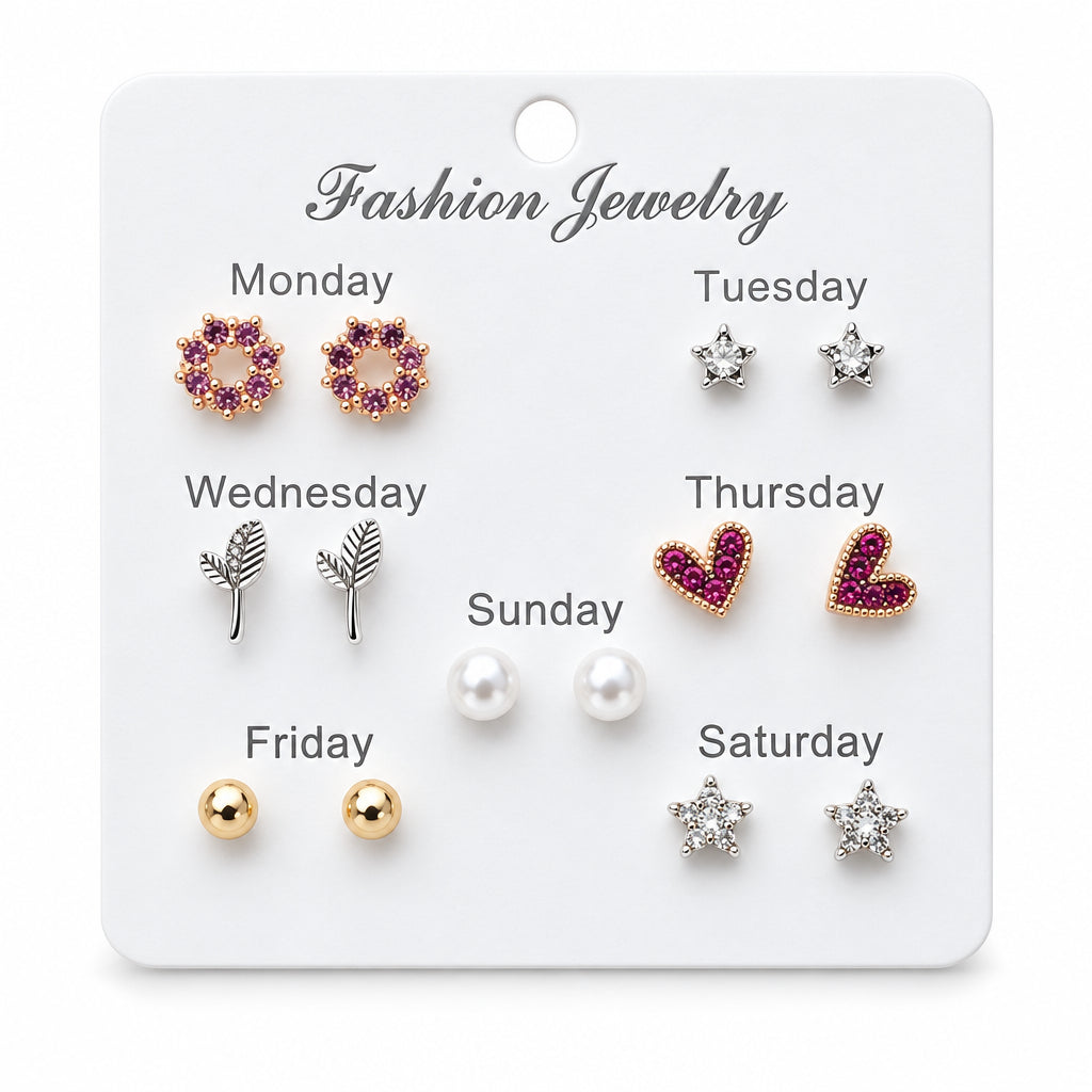 7-Day Stud Earring Set – Stars, Hearts & Pearls
