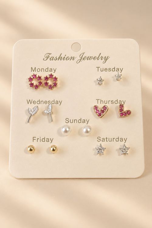 7-Day Stud Earring Set – Stars, Hearts & Pearls