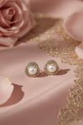 White Pearl & Crystal Halo Stud Earrings