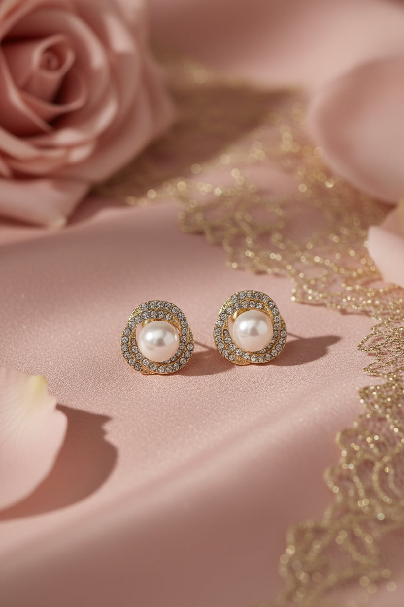 White Pearl & Crystal Halo Stud Earrings