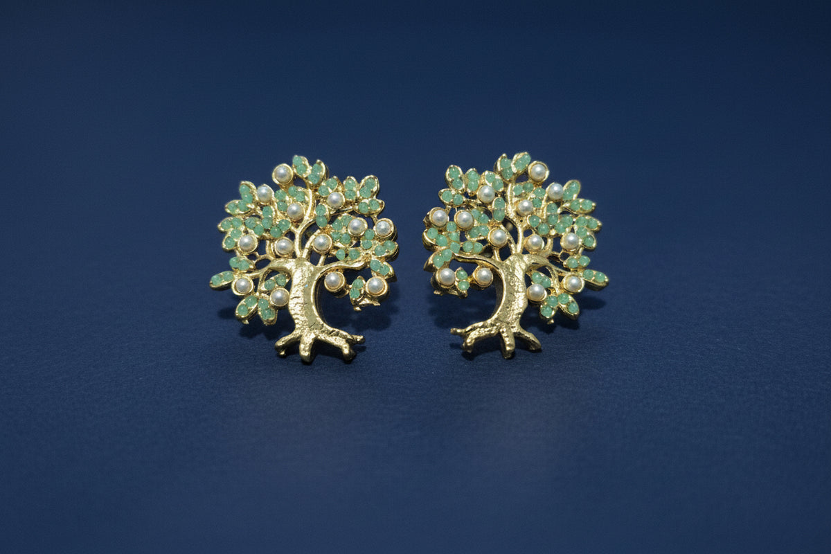 Tree of Life Earrings – Gold, Jade Green & Pearl