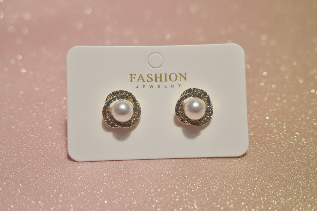 White Pearl & Crystal Halo Stud Earrings