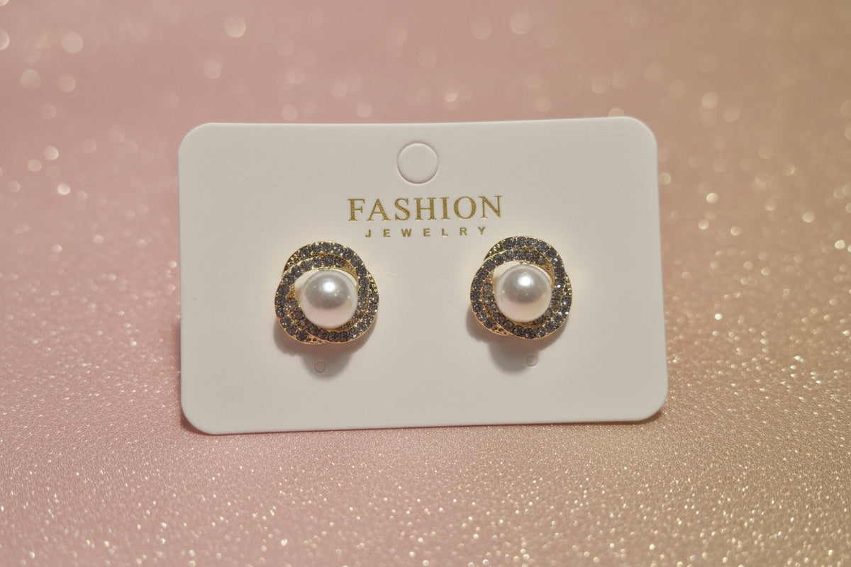 White Pearl & Crystal Halo Stud Earrings