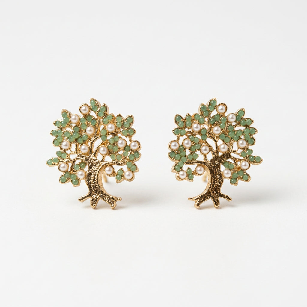 Tree of Life Earrings – Gold, Jade Green & Pearl